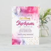 バット・ミッツヴァ 水彩 グリッター ピンク＆ゴールド 招待状 (スタンド正面)