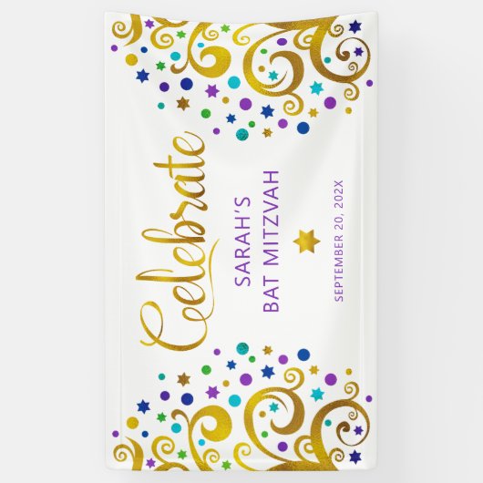 バット・ミツバーの紫と金の箔押しのライフツリーのスクリプト 横断幕 (縦)