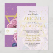 バット・ミツバーの紫のポピー ゴールドのダビデの星 招待状 (正面/裏面)