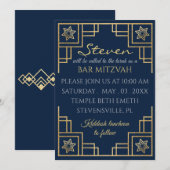 バット・ミツバーの青と金のアートデコ 招待状 (正面/裏面)