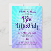 バット・ミツバ ボールド レトロ ボーホー ブルー パープル グラデーション 招待状 (正面)