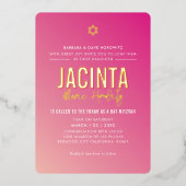 バット・ミツバ― 現代のスター ブライトピンク グラデーション ゴールド 箔招待状 (正面)