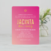 バット・ミツバ― 現代のスター ブライトピンク グラデーション ゴールド 箔招待状 (立ち正面)