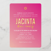 バット・ミツバ― 現代の星 ブライトピンク グラデーション ゴールド 箔招待状 (正面)