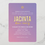 バット・ミツヴァ 現代のスター 紫とピンクのグラデーション 箔招待状 (正面)