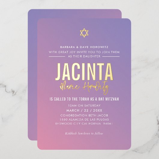 バット・ミツヴァ 現代のスター 紫とピンクのグラデーション 箔招待状 (正面/裏面)