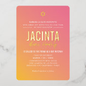 バット・ミツヴァ 現代の星 ピンクと黄色のグラデーション 箔招待状 (正面)