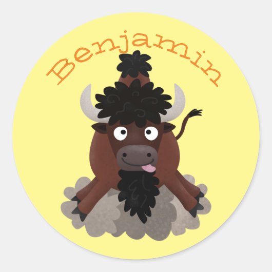 バッファロおもしろいバイソン漫画イラストレーション ラウンドシール (正面)