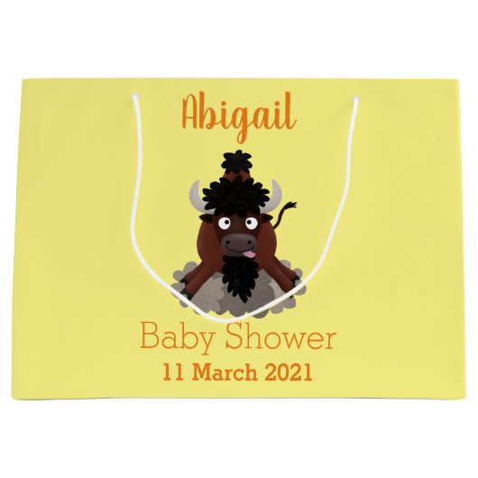 バッファロおもしろいバイソン漫画イラストレーション ラージペーパーバッグ (正面)