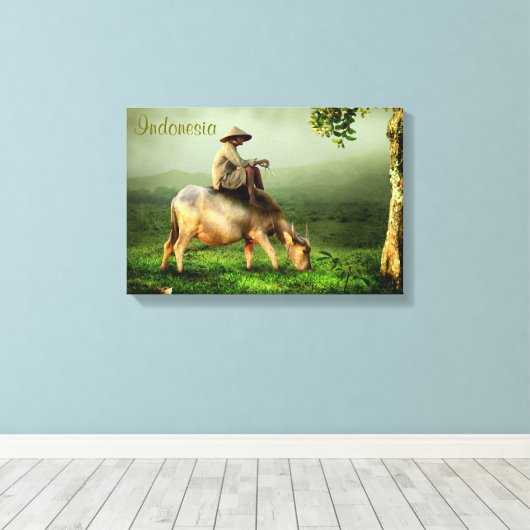バッファローと農家を持つインドネシアの風光明媚な風景 キャンバスプリント (インサイチュ (ウッドフロア))