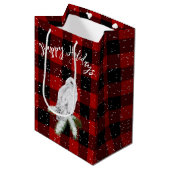 バッファローのプレイドに乗った雪のフクロウ ミディアムペーパーバッグ (正面アングル)