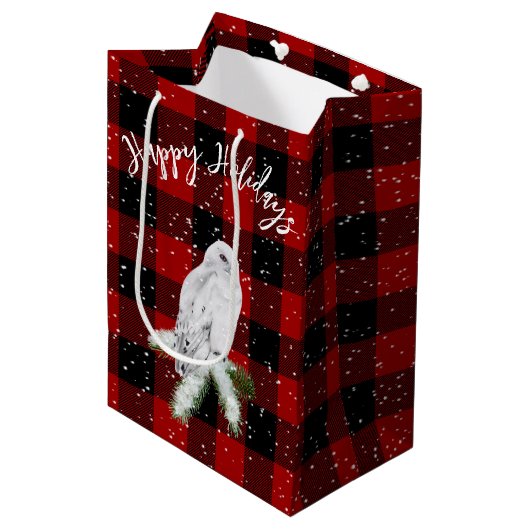 バッファローのプレイドに乗った雪のフクロウ ミディアムペーパーバッグ (正面アングル)