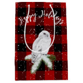 バッファローのプレイドに乗った雪のフクロウ ミディアムペーパーバッグ (正面)