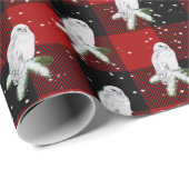 バッファローのプレイドに乗った雪のフクロウ ラッピングペーパー (ロールコーナー)