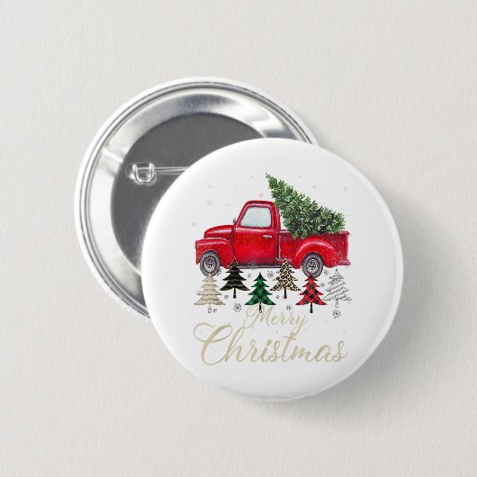 バッファローの格子状とヒョウのクリスマスを持つ赤いトラック 缶バッジ (正面&裏面)