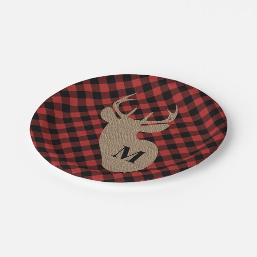 バッファローの格子縞およびバーラップのモノグラムのシカ ペーパープレート (アングル)