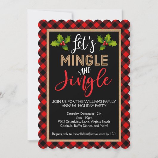 バッファローの格子縞のクリスマス・パーティを混ぜ、ちりんちりんと鳴らして下さい 招待状 (正面)
