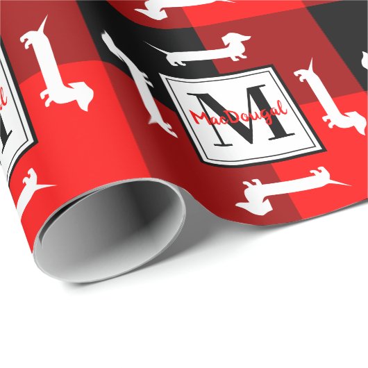 バッファローの格子縞のダックスフントのクリスマスのモノグラム ラッピングペーパー (ロールコーナー)