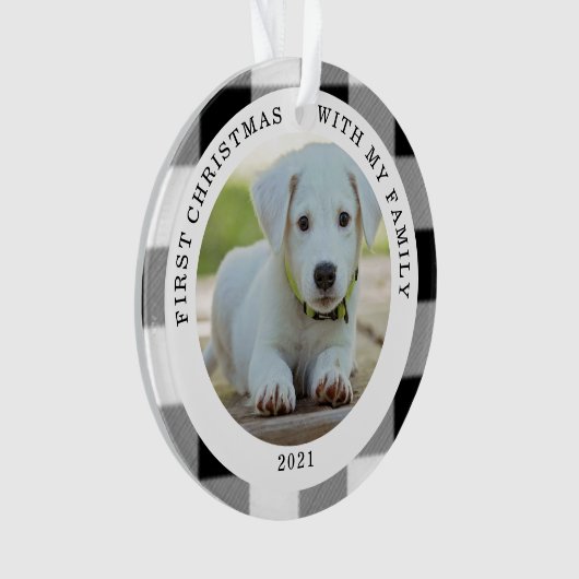 バッファローの格子縞の初めてのクリスマスの写真のオーナメント オーナメント (正面)