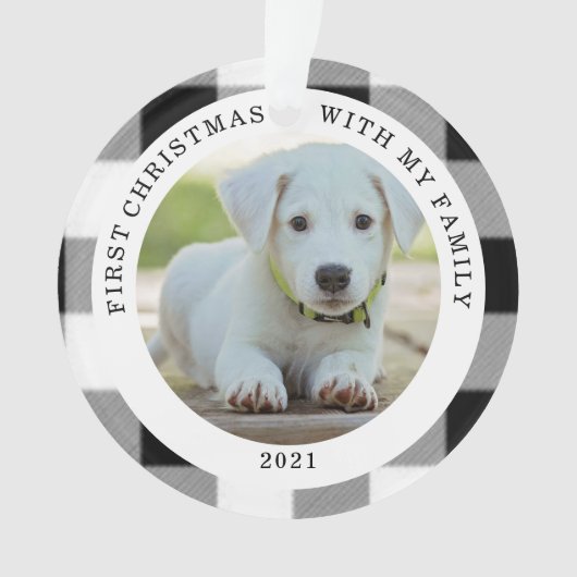 バッファローの格子縞の初めてのクリスマスの写真のオーナメント オーナメント (正面)