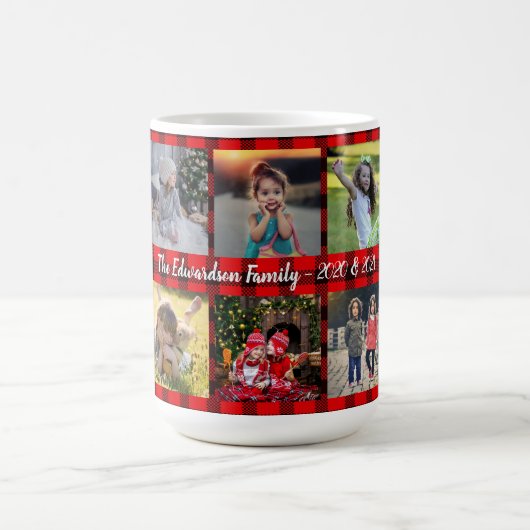バッファローの格子縞の家族写真コラージュの家族名 コーヒーマグカップ (中央)