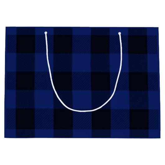 バッファローの格子縞の素朴な点検パターン黒の青 ラージペーパーバッグ (正面)