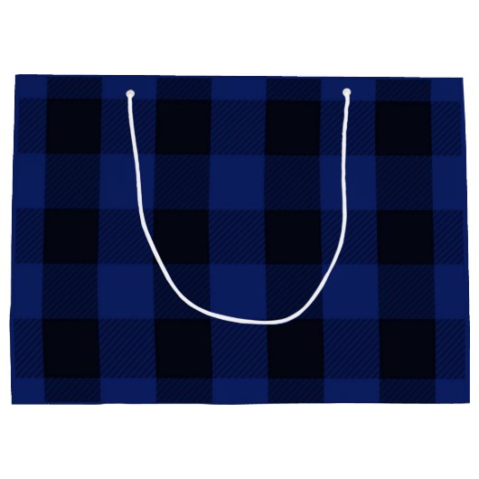 バッファローの格子縞の素朴な点検パターン黒の青 ラージペーパーバッグ (裏面)