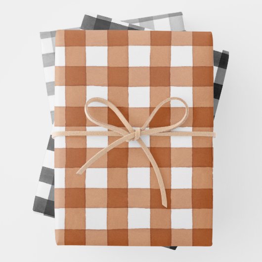 バッファローの格子縞の黒、焦げたオレンジと灰色のギンガム ラッピングペーパーシート (インサイチュ)