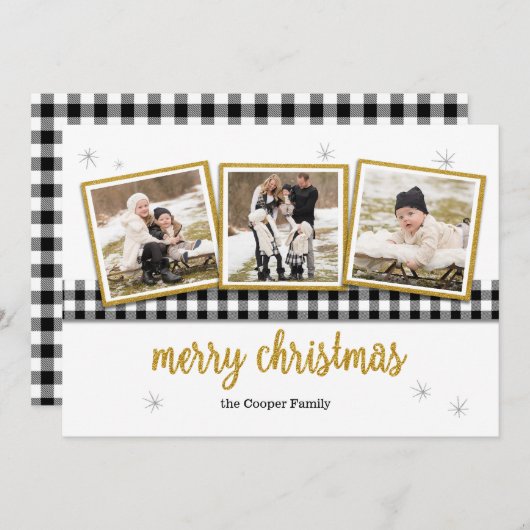 バッファローの点検および金ゴールドの3写真のクリスマスカード シーズンカード (正面/裏面)