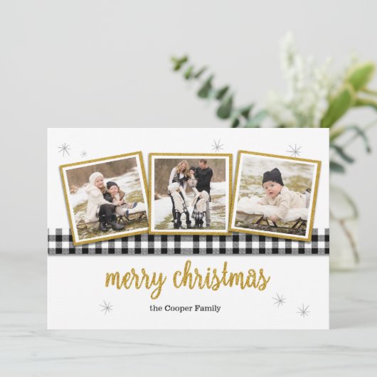 バッファローの点検および金ゴールドの3写真のクリスマスカード シーズンカード (スタンド正面)