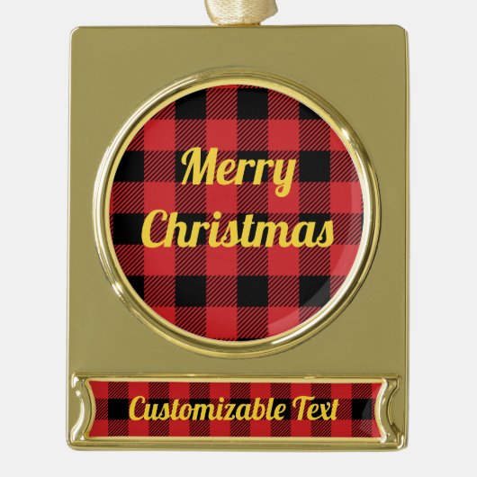バッファローの点検の格子縞のクリスマスパターン赤い黒 ゴールドプレートバナーオーナメント (正面)