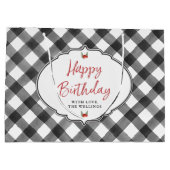 バッファローの点検の格子縞の黒く及び白いハッピーバースデー ラージペーパーバッグ (裏面)