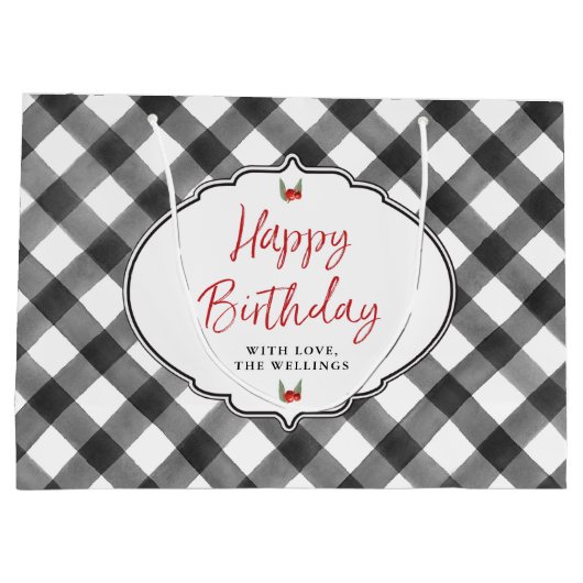 バッファローの点検の格子縞の黒く及び白いハッピーバースデー ラージペーパーバッグ (裏面)