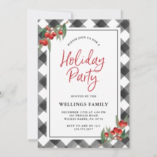 バッファローの点検の格子縞の黒く及び白い休日のパーティ 招待状 (正面)