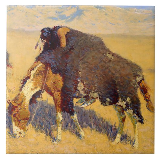 バッファローをシミュレートするフレデリックレミントンインディアン タイル (正面)