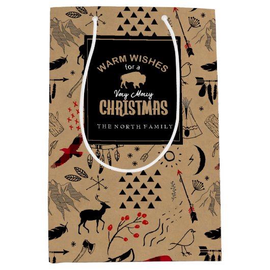 バッファローアドベンチャーパターンラベルクラフト/赤ID599 ミディアムペーパーバッグ (正面)