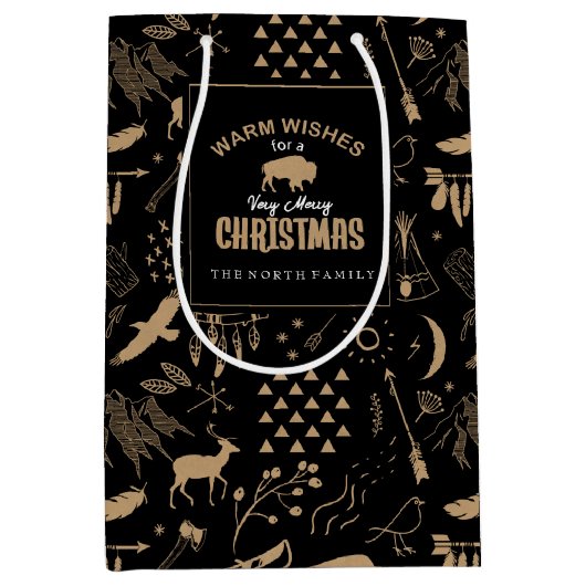 バッファローアドベンチャーパターンラベルクラフトID599 ミディアムペーパーバッグ (正面)