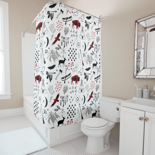 バッファローアドベンチャーブラック&レッドプレイドID599 シャワーカーテン (インサイチュ)