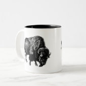 バッファローアメリカンバイソンヴィンテージウッド版木、銅版、版画マグ ツートーンマグカップ (正面左)
