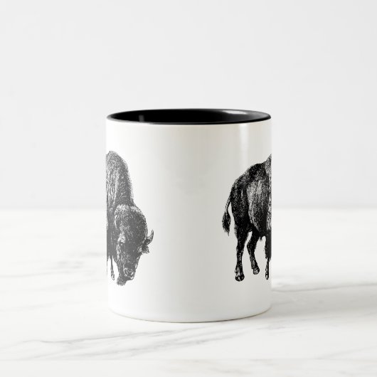 バッファローアメリカンバイソンヴィンテージウッド版木、銅版、版画マグ ツートーンマグカップ (中央)