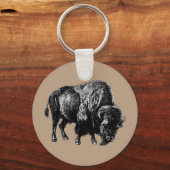 バッファローアメリカンヴィンテージウッド版木、銅版、版画キー キーホルダー (正面)