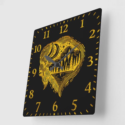 バッファローシルエットウィズマウンテンズデザイン スクエア壁時計 (傾斜)