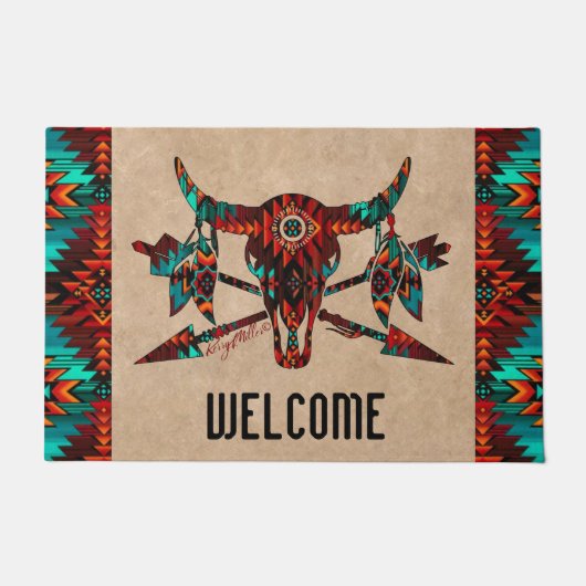 バッファロースカルと矢印の書式 ドアマット (正面)