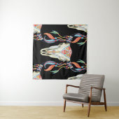 バッファロースカル:水彩黒背景。 タペストリー (インサイチュ(横))