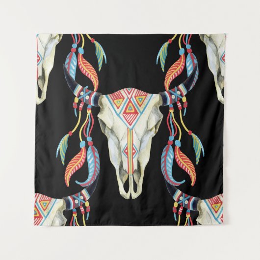 バッファロースカル:水彩黒背景。 タペストリー (正面)