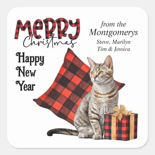 バッファローストライプのプレイドタブビーキャットクリスマス スクエアシール (正面)