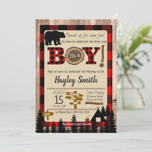 バッファローチェックのプレイドベアーランバージャックベビーシャワー 招待状 (スタンド正面)