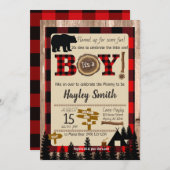 バッファローチェックのプレイドベアーランバージャックベビーシャワー 招待状 (正面/裏面)