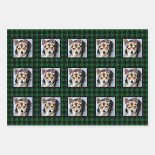 バッファローチェックのペットの写真クリスマス ラッピングペーパーシート (正面)