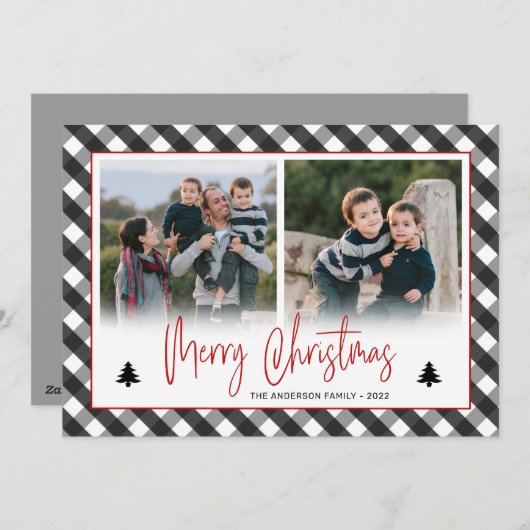 バッファローチェックの格子模様の写真コラージクリスマス シーズンカード (正面/裏面)